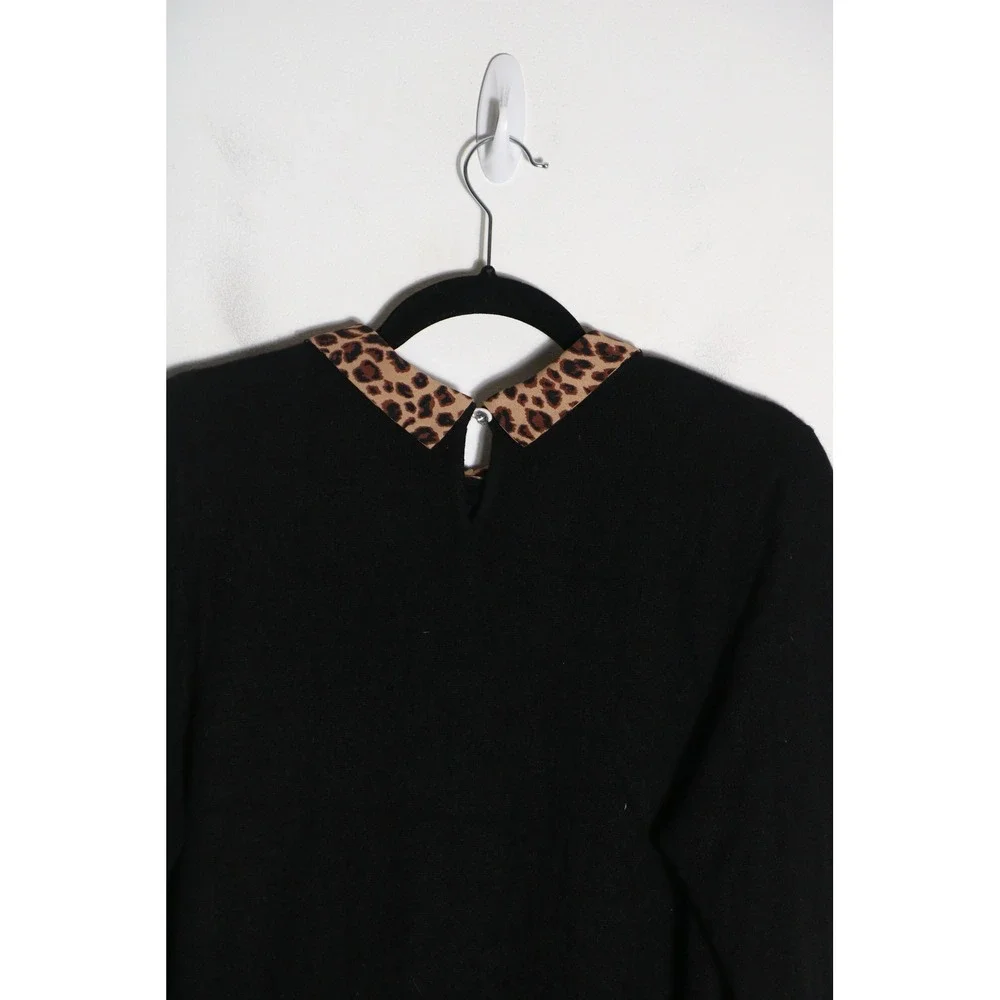 Charter Club 100% Cashmere Sweater Large Black Leopard Blouse Trim Preppy